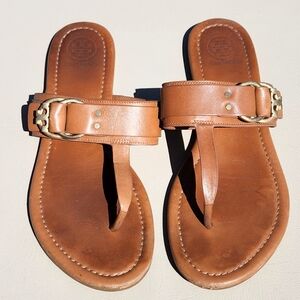 Tory Burch Marsden Calf Leather Flat Thong Sandals Gold buckle Size 8M